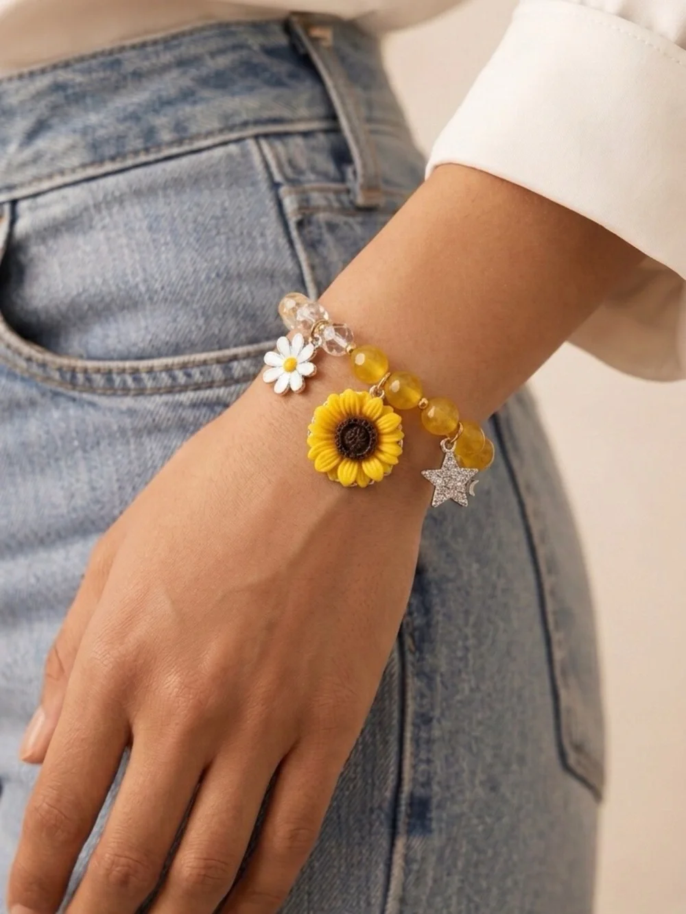 Yellow Sunflower & Daisy Charm Beaded Bracelet for Small Wrists